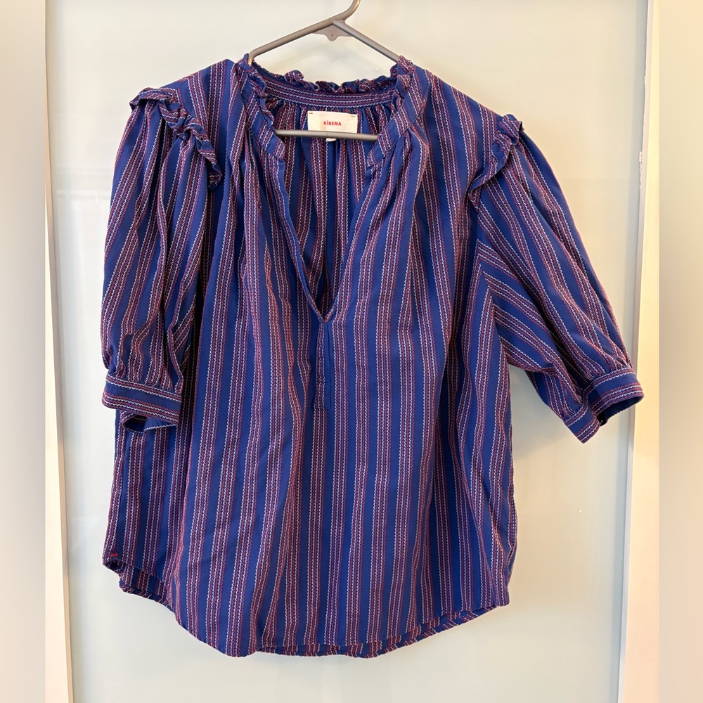 XiRENA Blue and Pink Striped Blouse